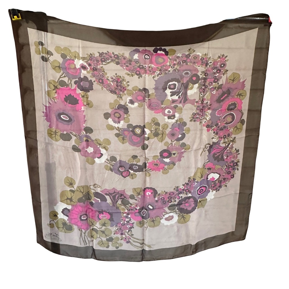 Jean Patou Vintage Silk Scarf 1960s Psychedelic Floral Purple Olive Green